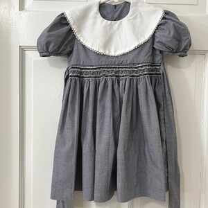 Ramekins Gingham Smocked Dress Girls Size 4 Navy Blue Cotton Peter Pan Collar 4T